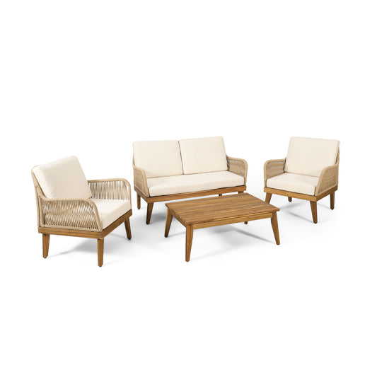 Hueber - Outdoor And Rope 4 Seater Chat Set With Cushions - Teak Noble House