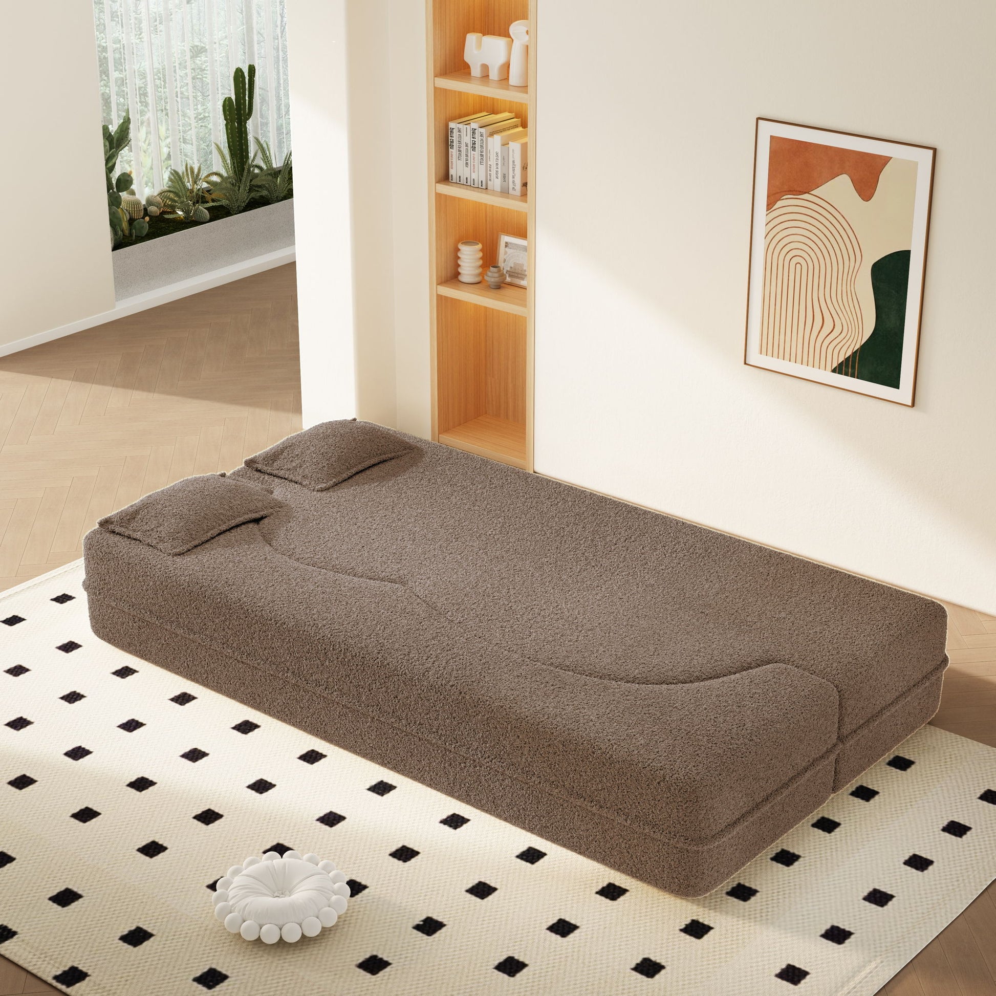 Modern Floor Sleeper Sofa Bed With 2 Pillows, Convertible Twin Size Folding Mattress For Living Room Home Essentials
