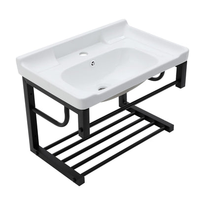 Wall Mounted Rectangular Bathroom Sink With Towel Bar & Overflow - White Home Essentials