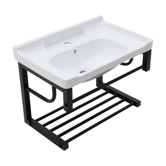 Wall Mounted Rectangular Bathroom Sink With Towel Bar & Overflow - White Home Essentials
