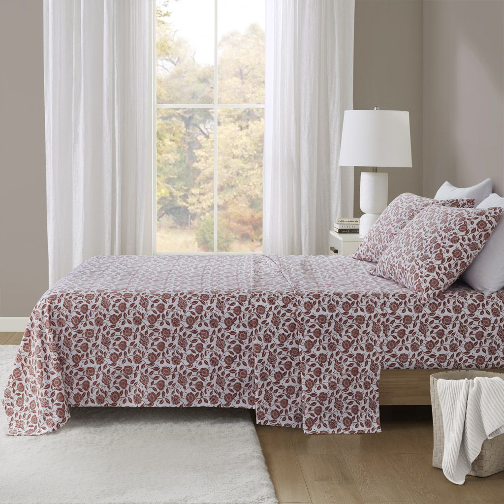Oversized Flannel - 4 Piece Full Sheet Set - Rust Floral Beautyrest