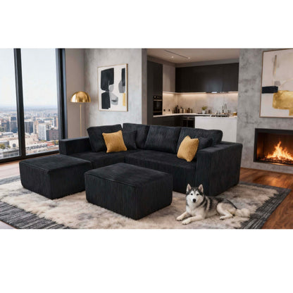 Upholstered Sectional With 2 Moveable Ottomans - Black Home Essentials