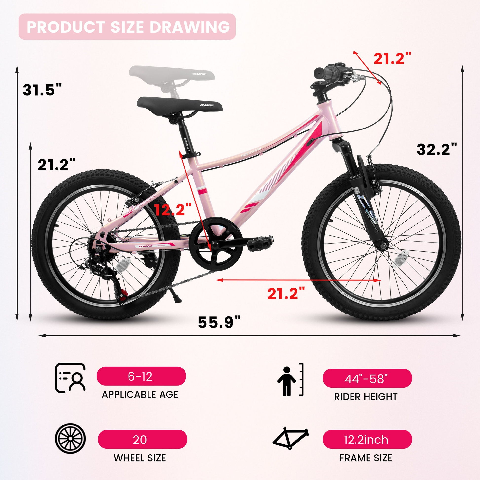 20" Children's Bicycle Shock Absorbing Front Fork 7 Speed V Brakes Mountain Tire Boys And Girls Kids Bike For Outdoor Adventure - Pink Daily Nest