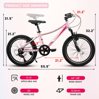 20" Children's Bicycle Shock Absorbing Front Fork 7 Speed V Brakes Mountain Tire Boys And Girls Kids Bike For Outdoor Adventure - Pink Daily Nest