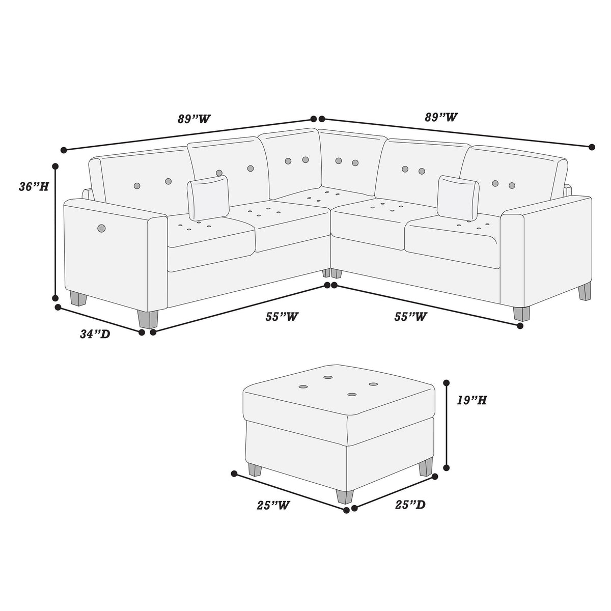 Sectional Set With Corner Wedge Ottoman USB Port Home Essentials