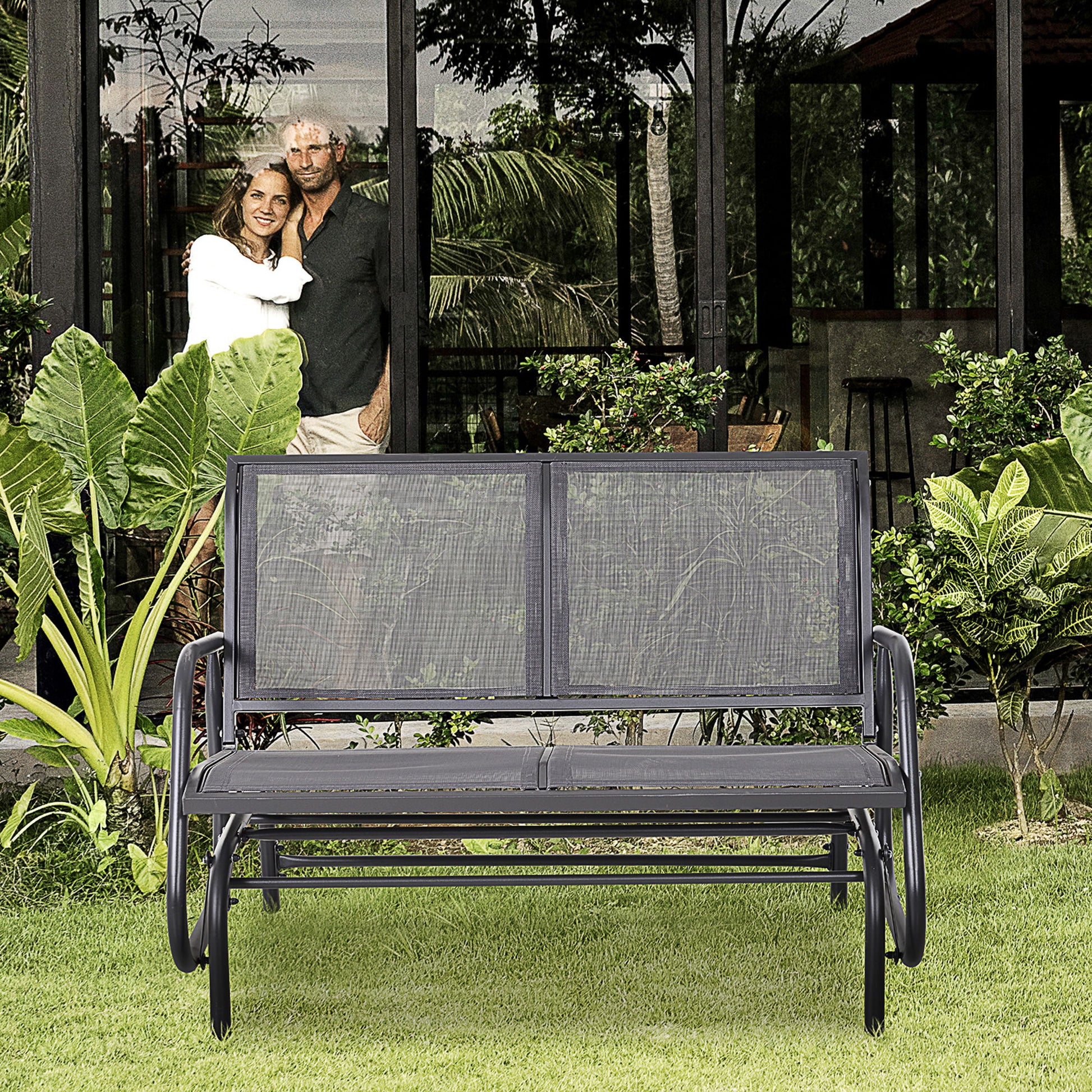 Outsunny - 2 Person Outdoor Glider Bench, Patio Double Swing Rocking Chair Loveseat With Powder Coated Steel Frame For Backyard Garden Porch - Gray Home Essentials