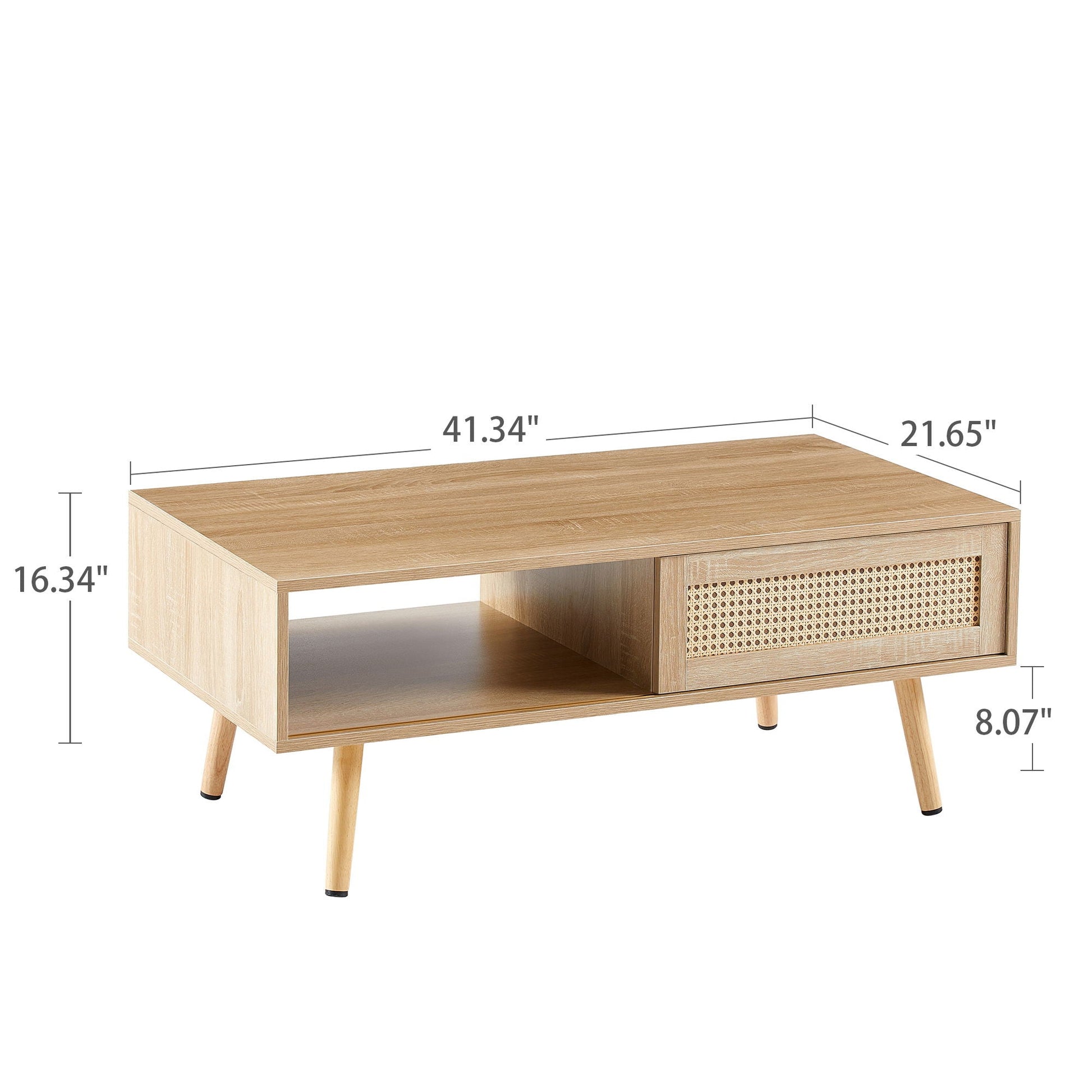 41.34" Rattan Coffee Table, Sliding Door For Storage, Solid Wood Legs, Modern Table For Living Room Home Essentials