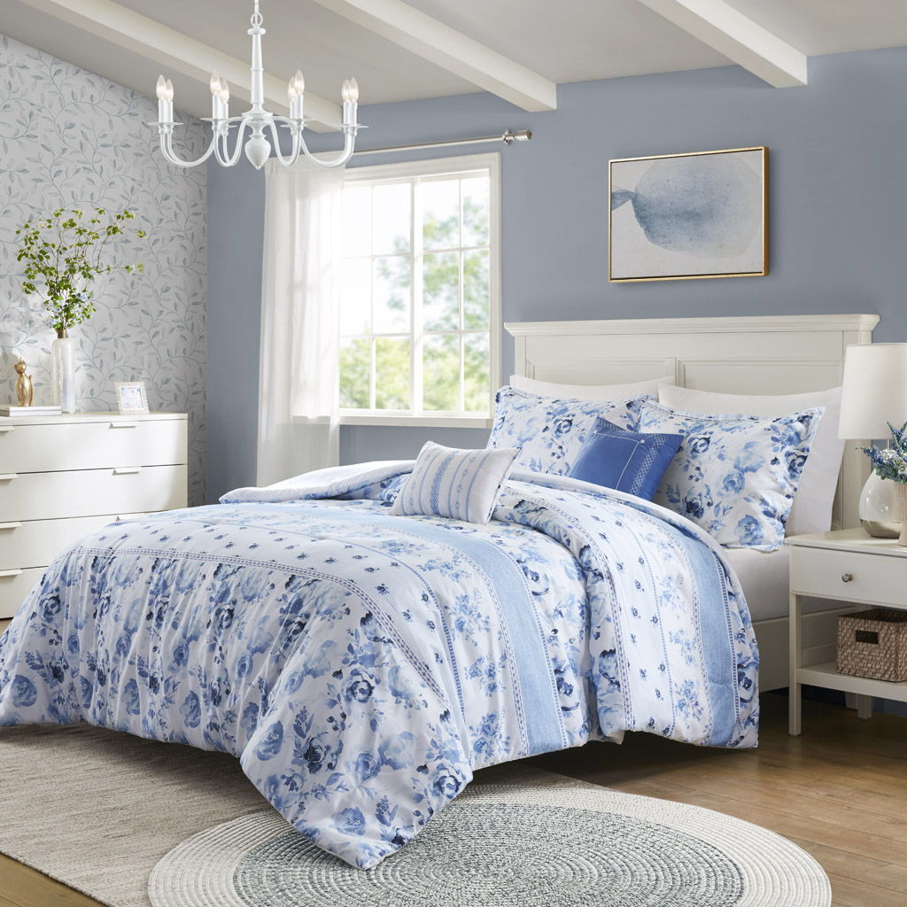 Christa - Floral Striped Comforter Set - Blue Intelligent Design