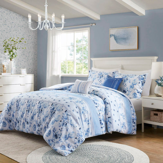 Christa - Floral Striped Comforter Set - Blue Intelligent Design
