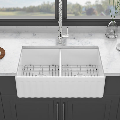 Sink 33" Double Bowl Kitchen Sink With Deep Bowls And Grids - White Daily Nest
