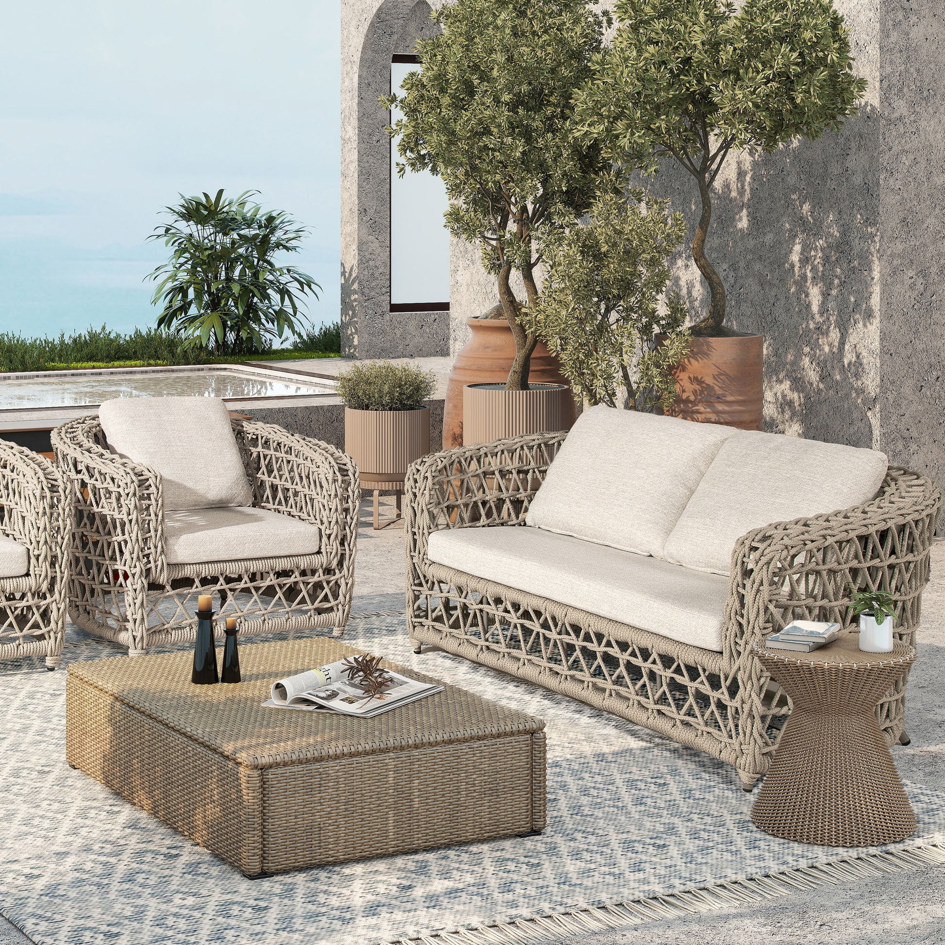 Everly - Frame Barrel Deep Seating Patio Arm Chair Axroma Olefin - Oat Beige Jennifer Taylor Home