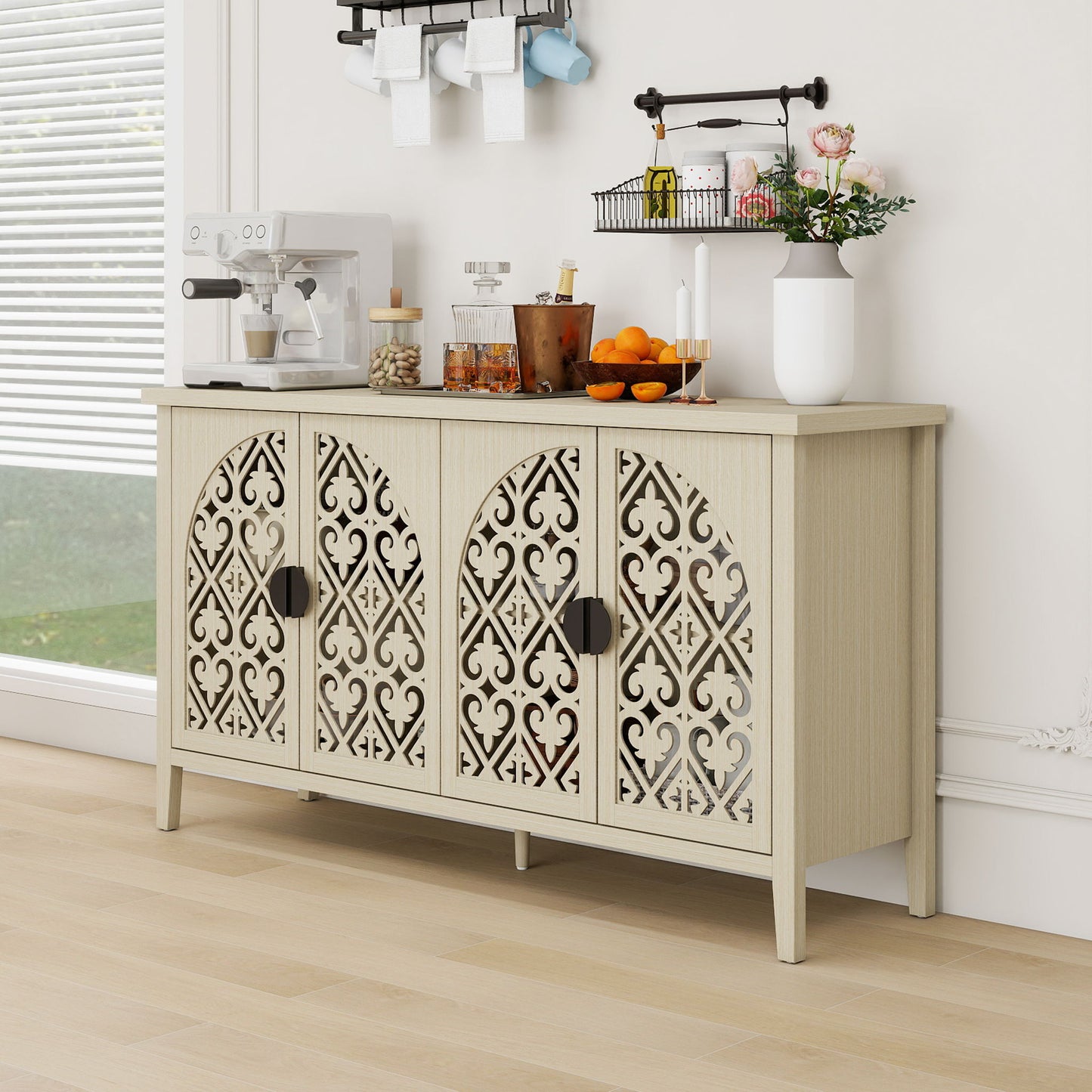 Hollowed Out Cabinet With 4 Doors, Suitable For Bedroom - Natural Home Essentials