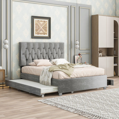 Trundle Pull Out Drawers Storage Upholstered Bed Modern Design No Box Spring Required Home Essentials