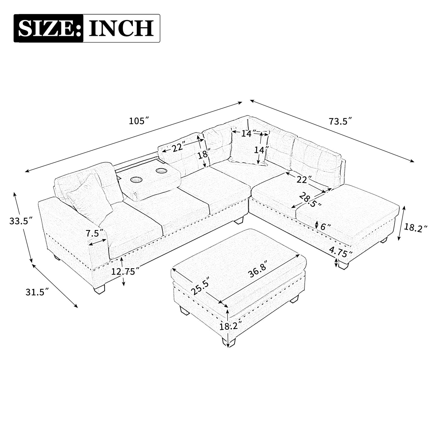 Modern Sectional Sofa With Storage Ottoman, L-Shape Couch With 2 Pillows And Cup Holder, Sectional Sofa With Reversible Chaise For Living Room