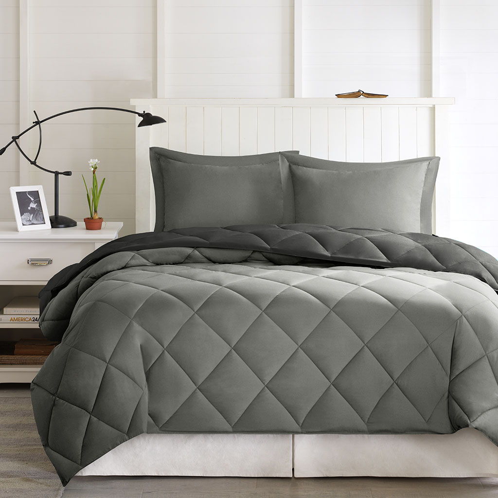 Larkspur - Twin 3M Scotchgard Diamond Quilting Reversible Down Alternative Comforter Set - Black / Gray Madison Park Essentials
