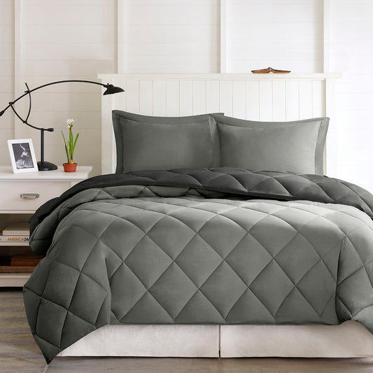 Larkspur - Twin 3M Scotchgard Diamond Quilting Reversible Down Alternative Comforter Set - Black / Gray Madison Park Essentials