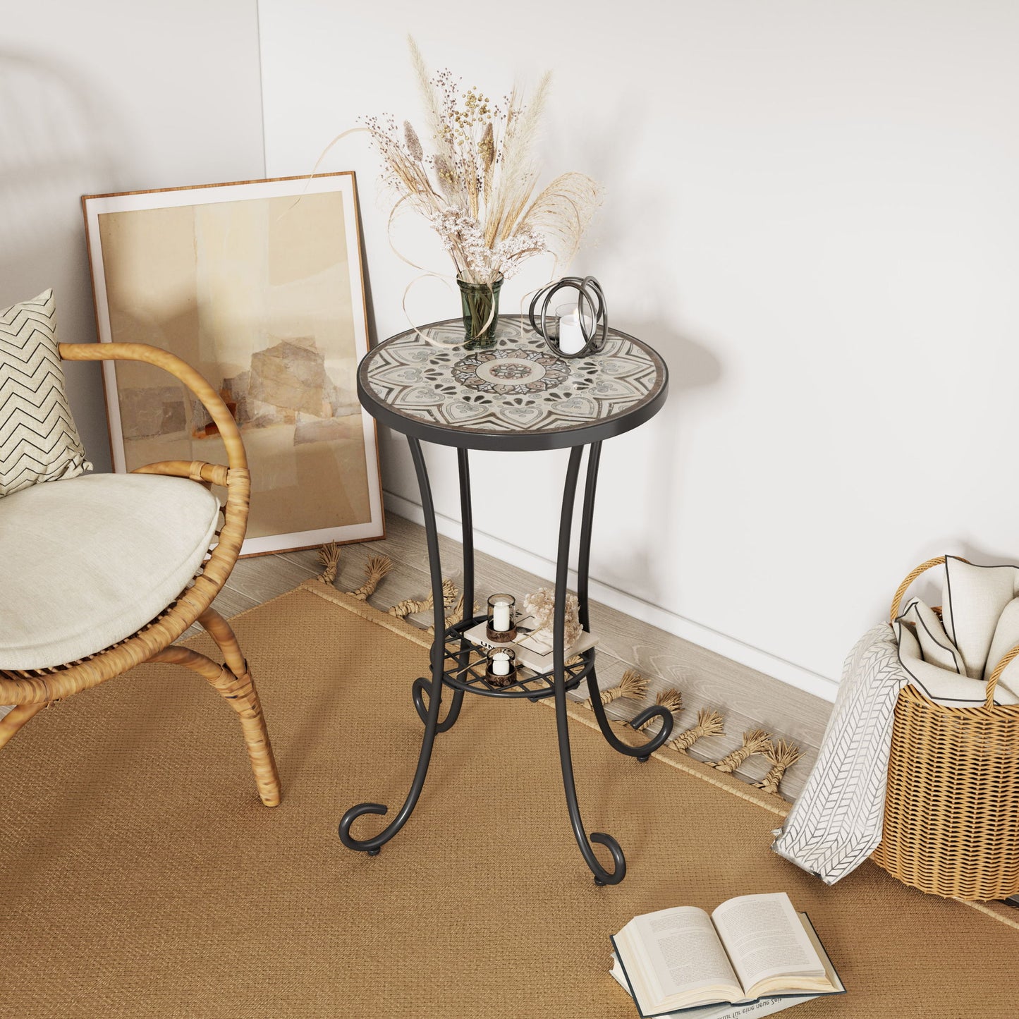 Ceramic Tile And Iron Patio Side Table With Shelf Noble House
