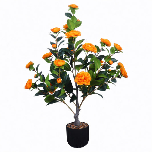 2 Pack Artificial Camellia Trees, Faux Potted Plants With Orange Flowers For Indoor Or Outdoor Decor, Porch, Office, Or Home Use - Black / Green / Orange Daily Nest