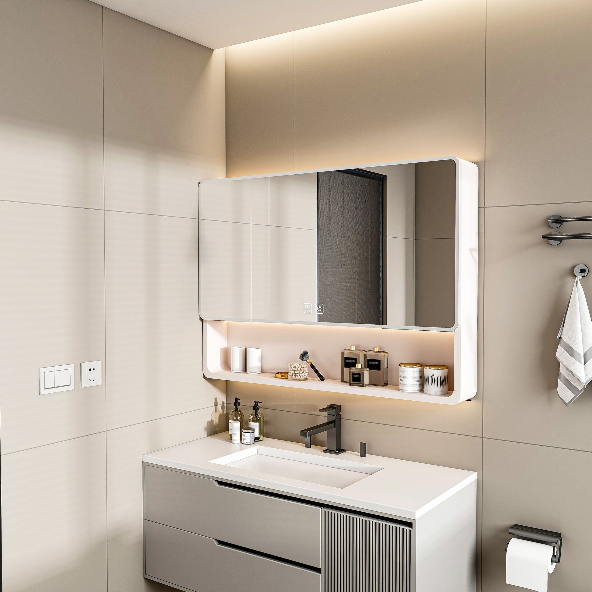 Aluminium Medicine Cabinet Mirror, With 3 Colors LED Light And Defogging Function - Khaki Home Essentials