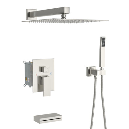 Square Shower System With Waterfall Tub Spout And Rough In Valve, Wall Mounted Daily Nest
