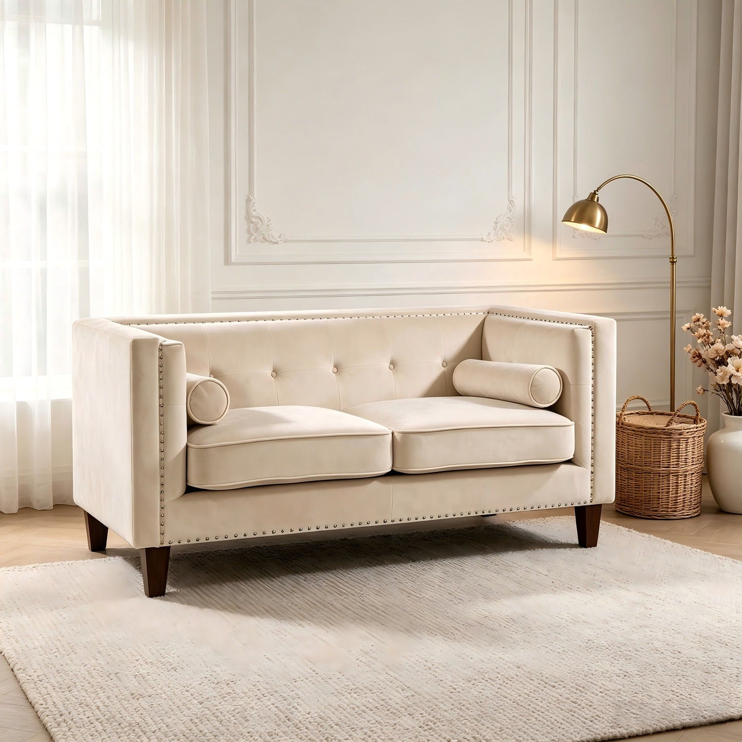Button Tufted Square Arm Loveseat Sofa With Nailhead Trim, Upholstered 2 Seater Couch - Ivory US Pride