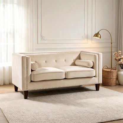 Button Tufted Square Arm Loveseat Sofa With Nailhead Trim, Upholstered 2 Seater Couch - Ivory US Pride