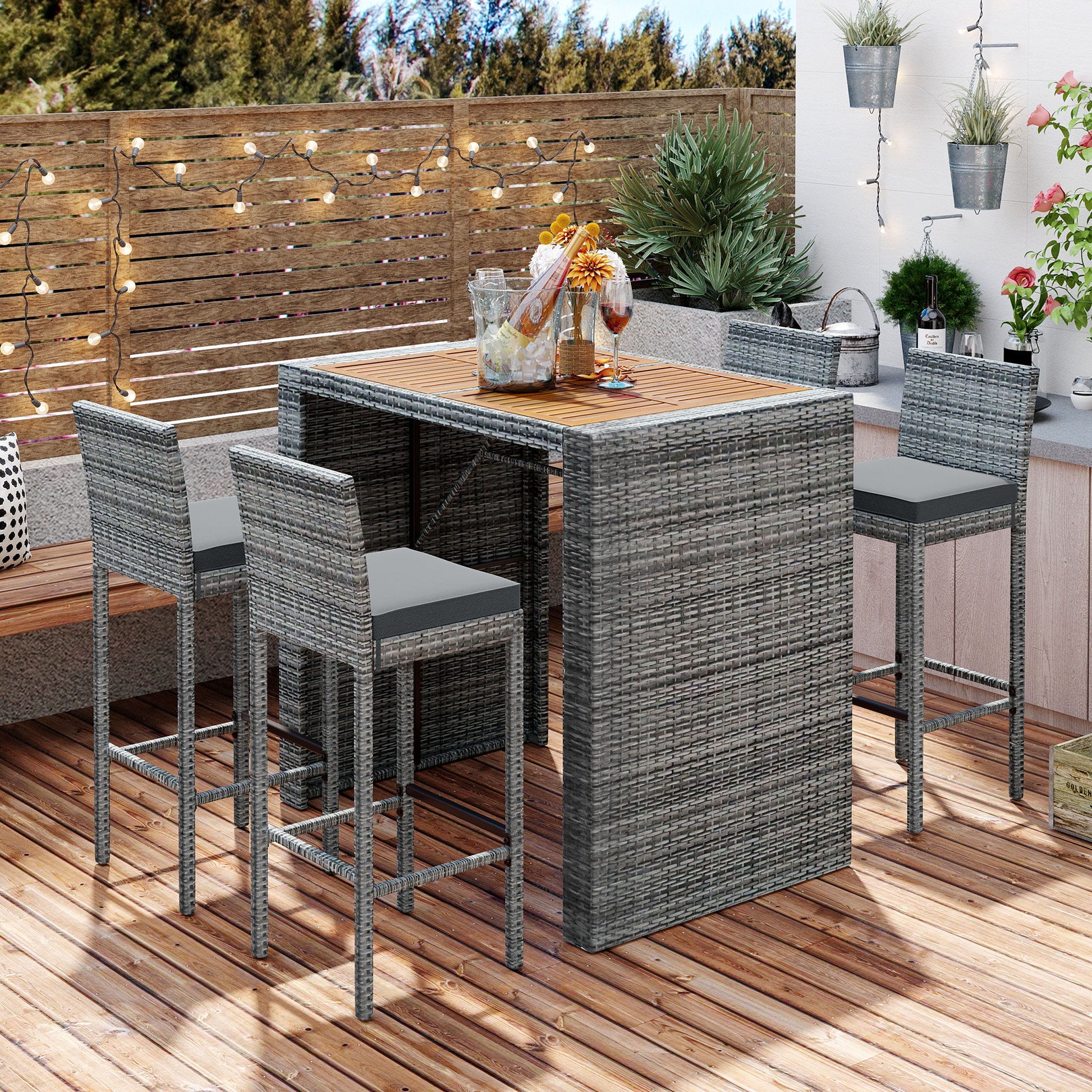 5 Pieces Outdoor Patio Wicker Bar Set, Bar Height Chairs With Non-Slip Feet And Fixed Rope, Removable Cushion, Acacia Wood Table Top - Brown / Gray Hearth and Haven
