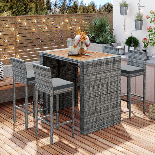 5 Pieces Outdoor Patio Wicker Bar Set, Bar Height Chairs With Non-Slip Feet And Fixed Rope, Removable Cushion, Acacia Wood Table Top - Brown / Gray Hearth and Haven