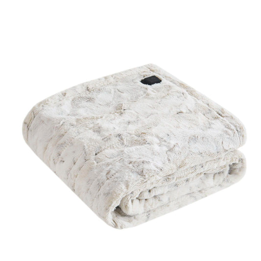 Zuri - Faux Fur Heated Wrap With Built-in Controller - Snow Leopard