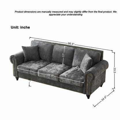 3 Seater Sofa With Tufted Upholstery, Rolled Arms, Nailhead Trim Home Essentials