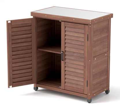 Potting Bench With Storage Cabinet And Metal Table Top For Outdoor Home Essentials