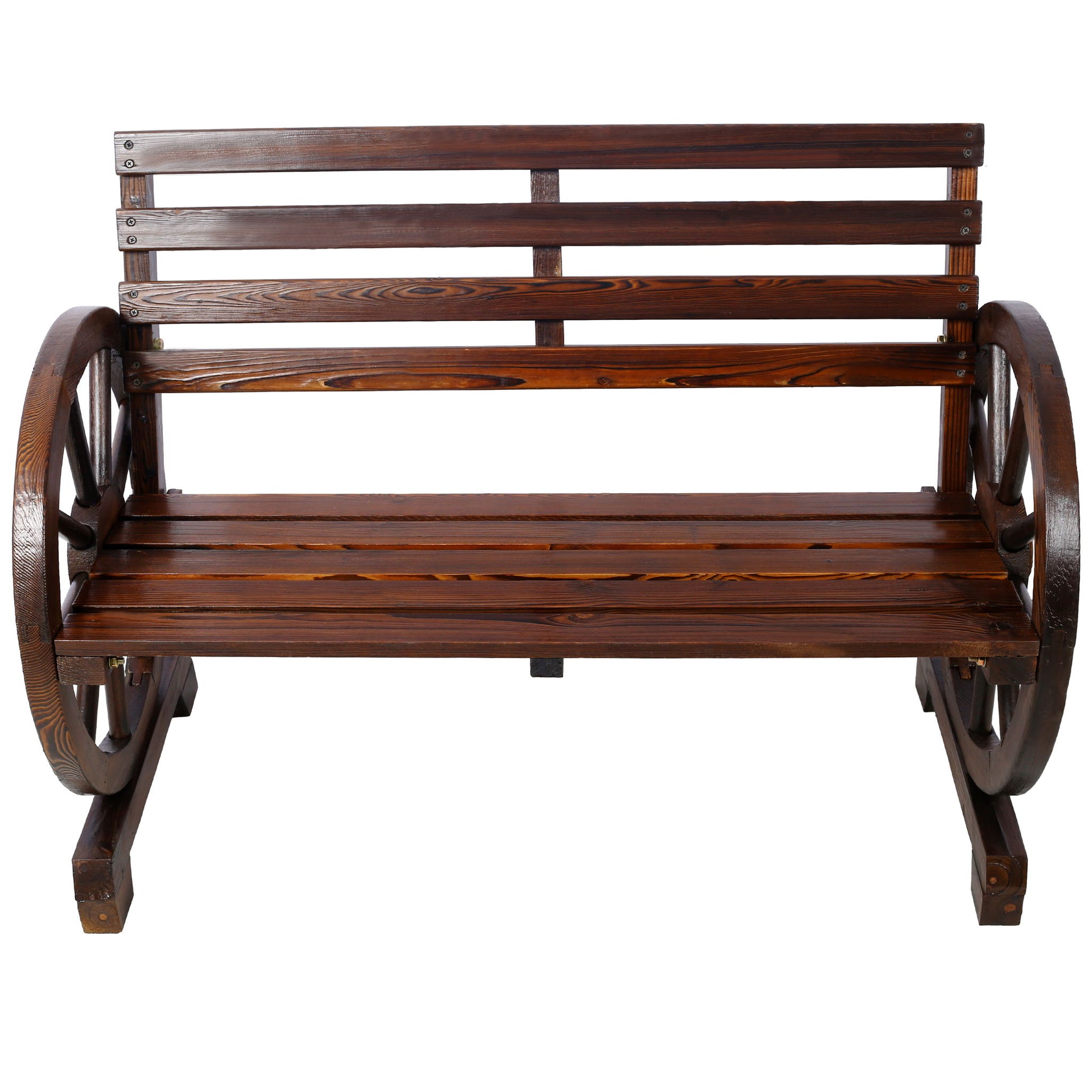 Rustic Country 2 Person Wooden Wagon Wheel Bench With Slatted Seat And Backrest - Brown Home Essentials