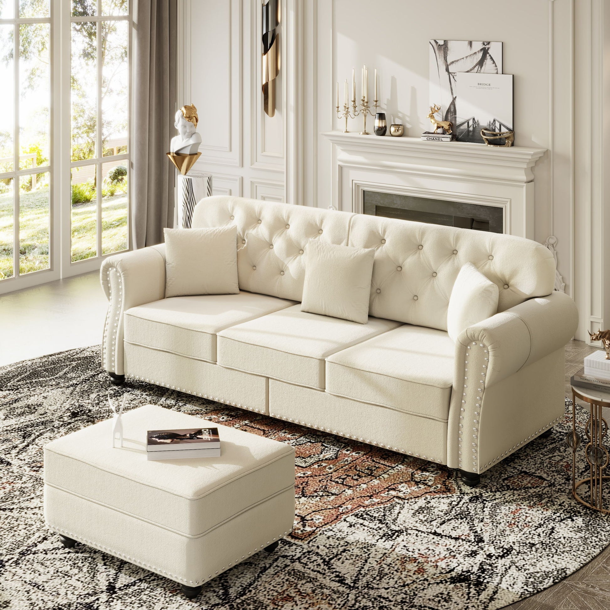 Upholstered 3 Seater Sofa Set With Ottoman Home Essentials