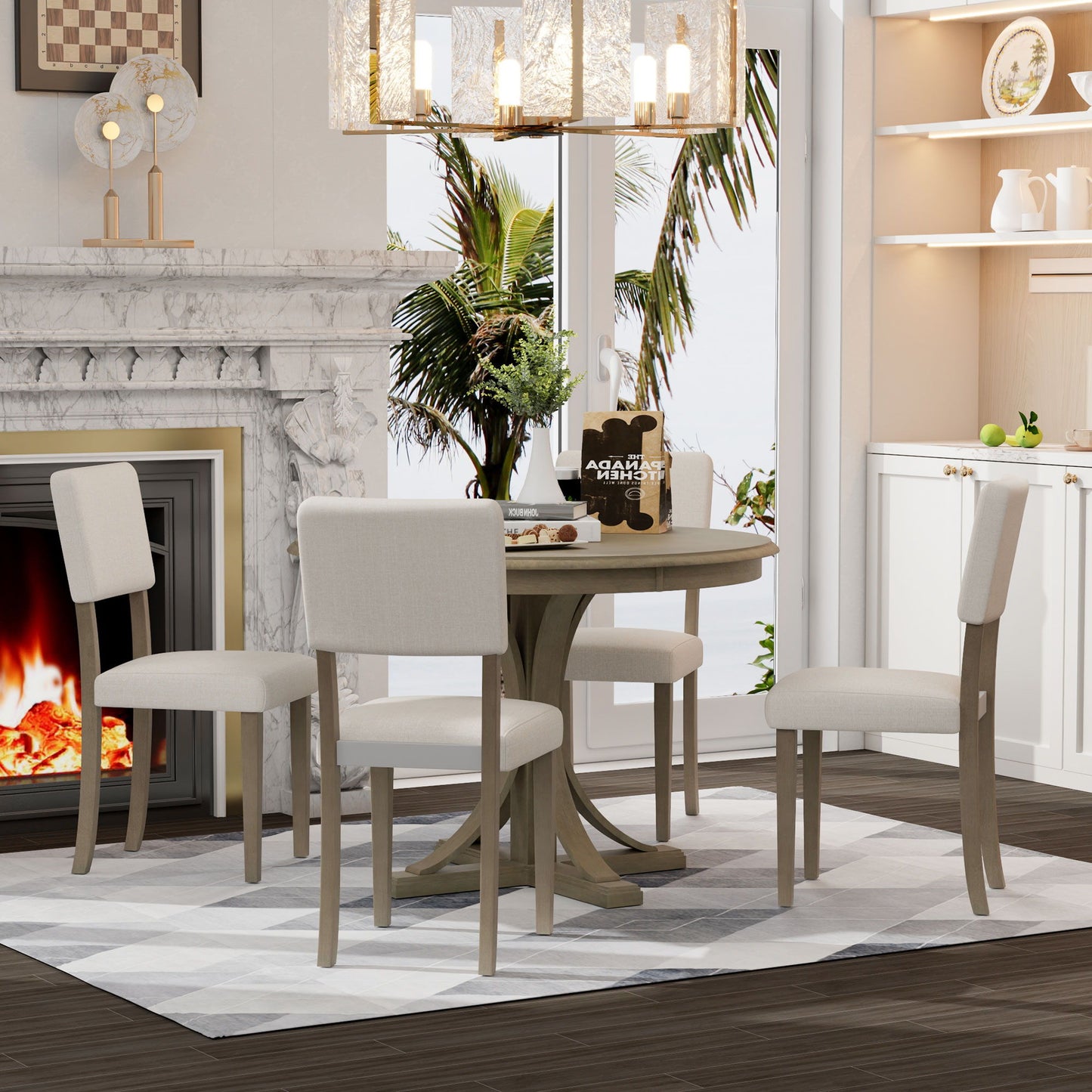 Retro Round Dining Table Set With Curved Trestle Style Table Legs And Upholstered Chairs For Dining Room Hearth and Haven