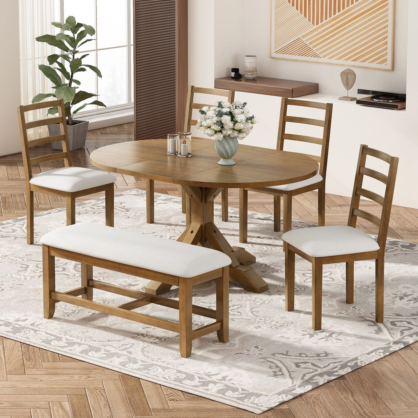 Topmax - 6 Piece Farmhouse Extendable Pedestal Dining Table Set With 18Inch Removable Leaf, Bench And 4 Ladder Back Dining Chairs Hearth and Haven