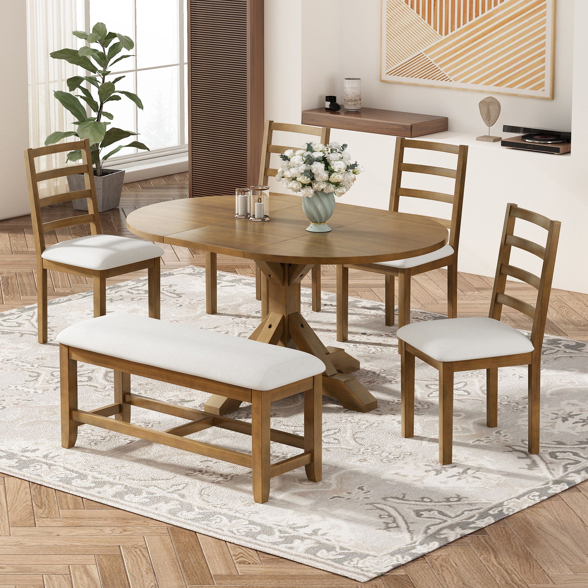 Topmax - 6 Piece Farmhouse Extendable Pedestal Dining Table Set With 18Inch Removable Leaf, Bench And 4 Ladder Back Dining Chairs Hearth and Haven
