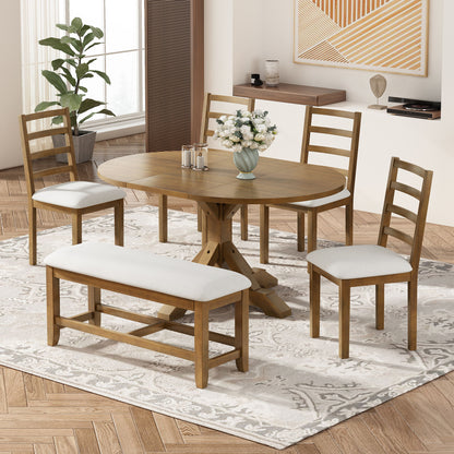 Topmax - 6 Piece Farmhouse Extendable Pedestal Dining Table Set With 18Inch Removable Leaf, Bench And 4 Ladder Back Dining Chairs Hearth and Haven