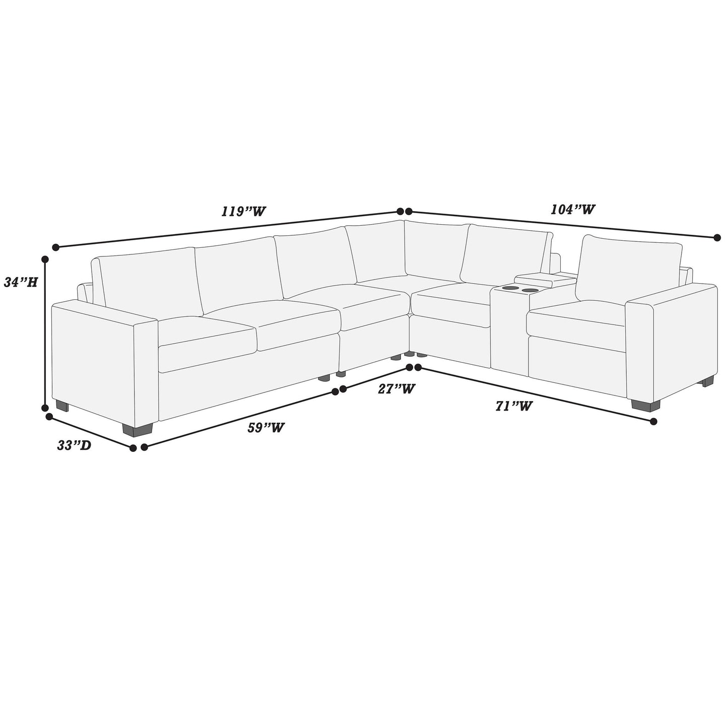 Modern Style L-Shape Sectional Set, USB Ports, Cup Holder Home Essentials