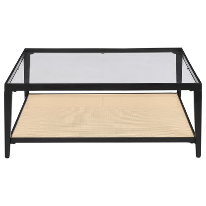 Amherst - Glass Top Metal with Cane Shelf Coffee Table - Black