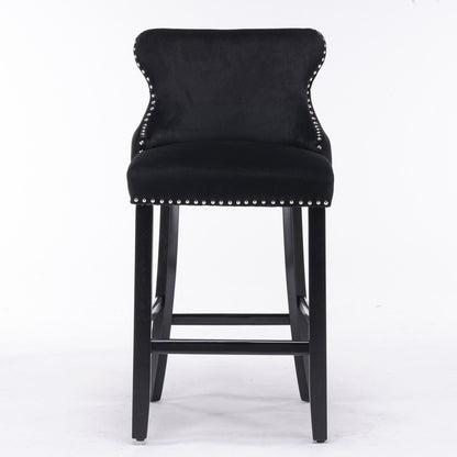 Contemporary Velvet Upholstered Wing-Back Barstools With Button Tufted Decoration And Wooden Legs, And Chrome Nailhead Trim, Leisure Style Bar Chairs, Bar Stools (Set of 4) Home Essentials