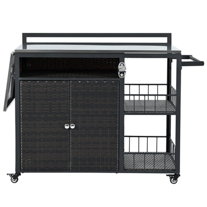 Outdoor Kitchen Island With Storage, Cooking Station, Grill Cart, Foldable Tabletop, And Bottle Opener - Dark Brown Hearth and Haven