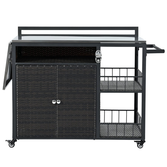 Outdoor Kitchen Island With Storage, Cooking Station, Grill Cart, Foldable Tabletop, And Bottle Opener - Dark Brown Hearth and Haven