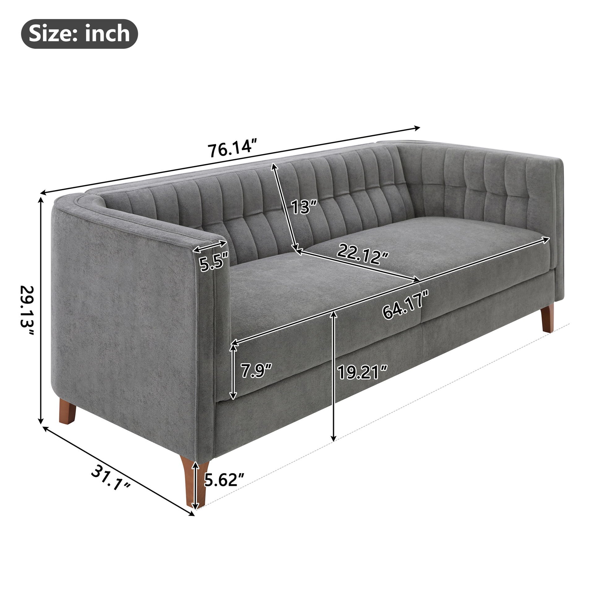 Modern 3 Seater Sofa, Upholstered Couch With Curved Armrests Noble House