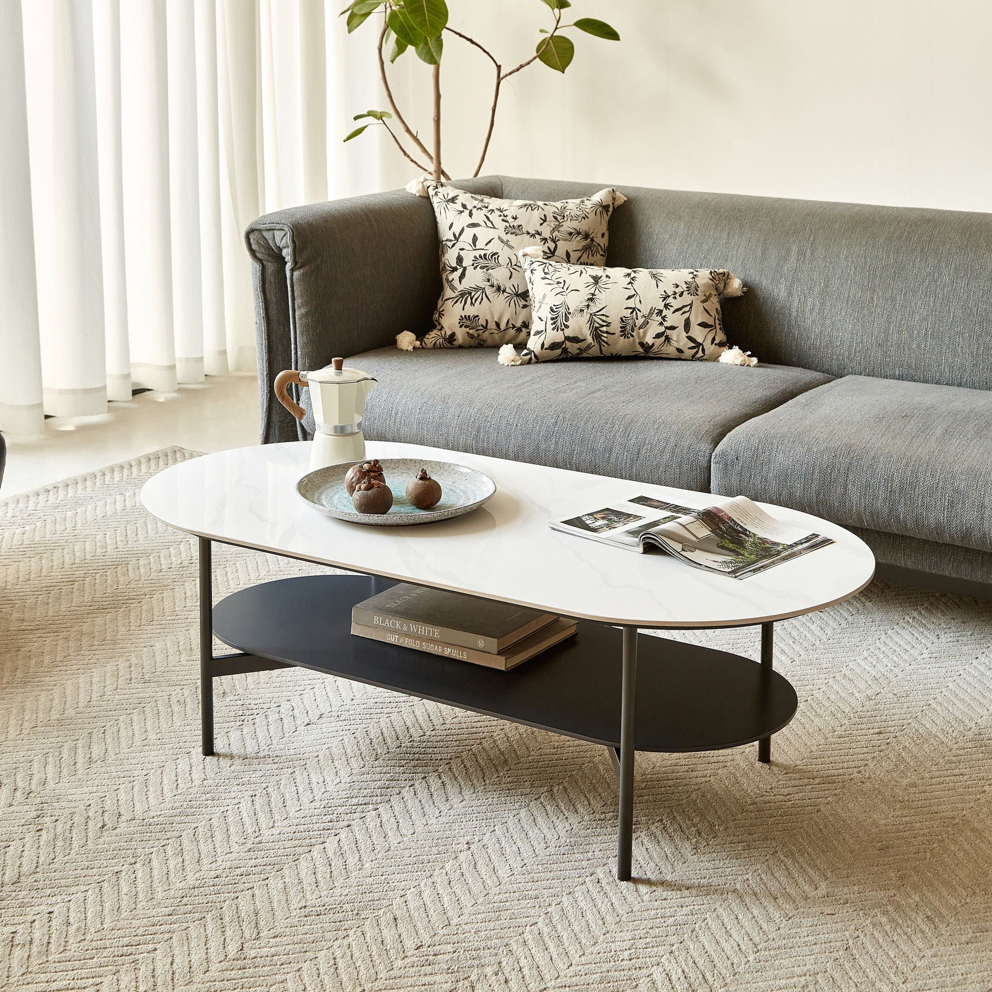 Contemporary Coffee Table Sintered Stone Surface With Ceramic Finish Double Layer Design Base Matte Shelf Modern Living Room Center Table - White / Gray Home Essentials