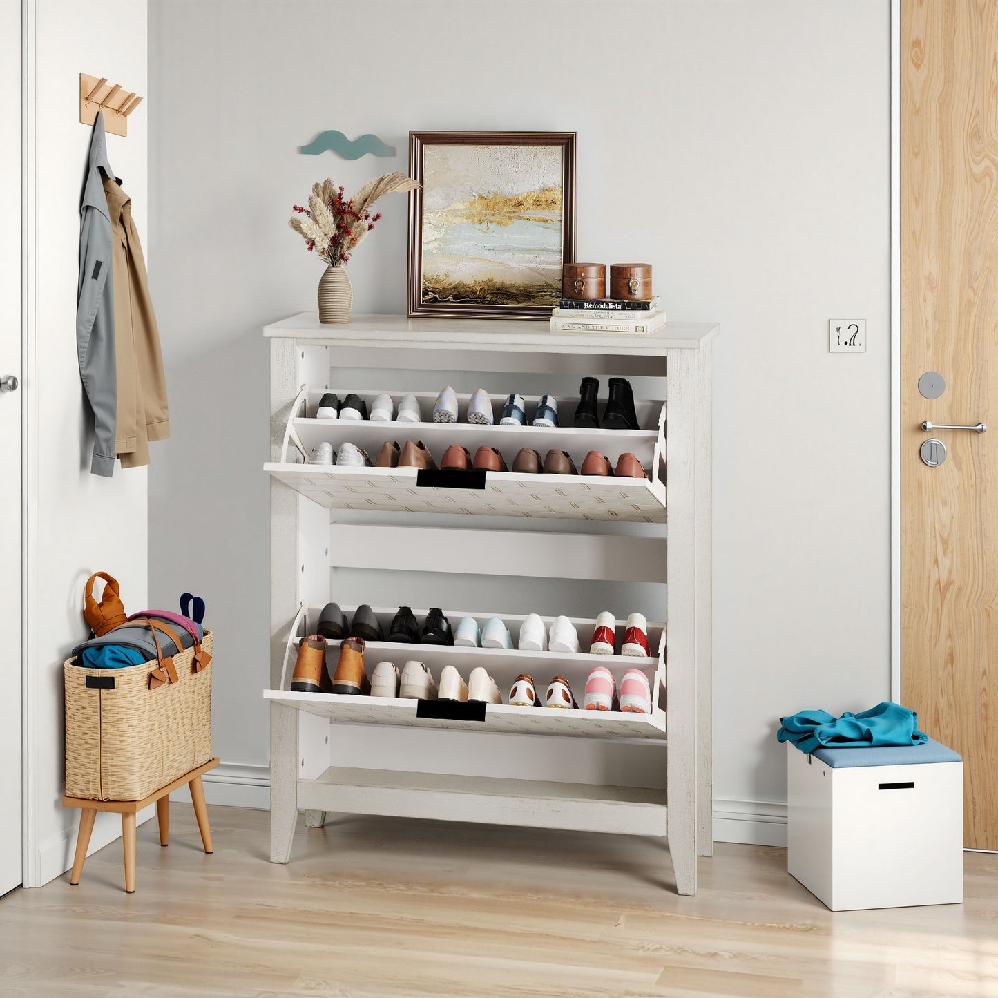 Retro Shoe Storage Cabinet, Mid Century Vintage Freestanding With 2 Flip Drawers, Suitable For Entryway - Retro White / White / Vintage Daily Nest