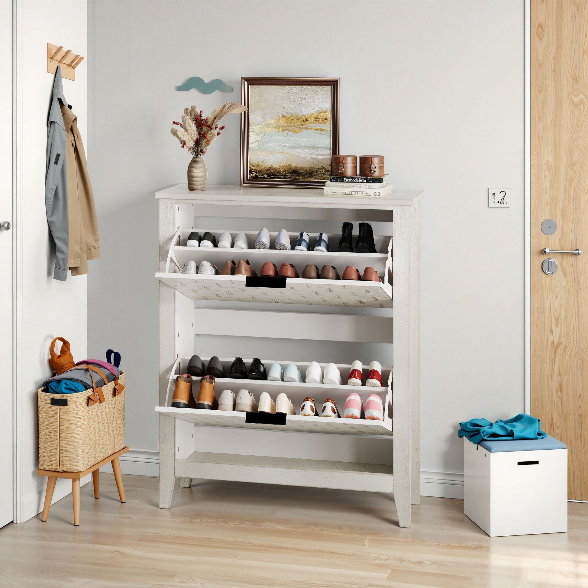 Retro Shoe Storage Cabinet, Mid Century Vintage Freestanding With 2 Flip Drawers, Suitable For Entryway - Retro White / White / Vintage Daily Nest