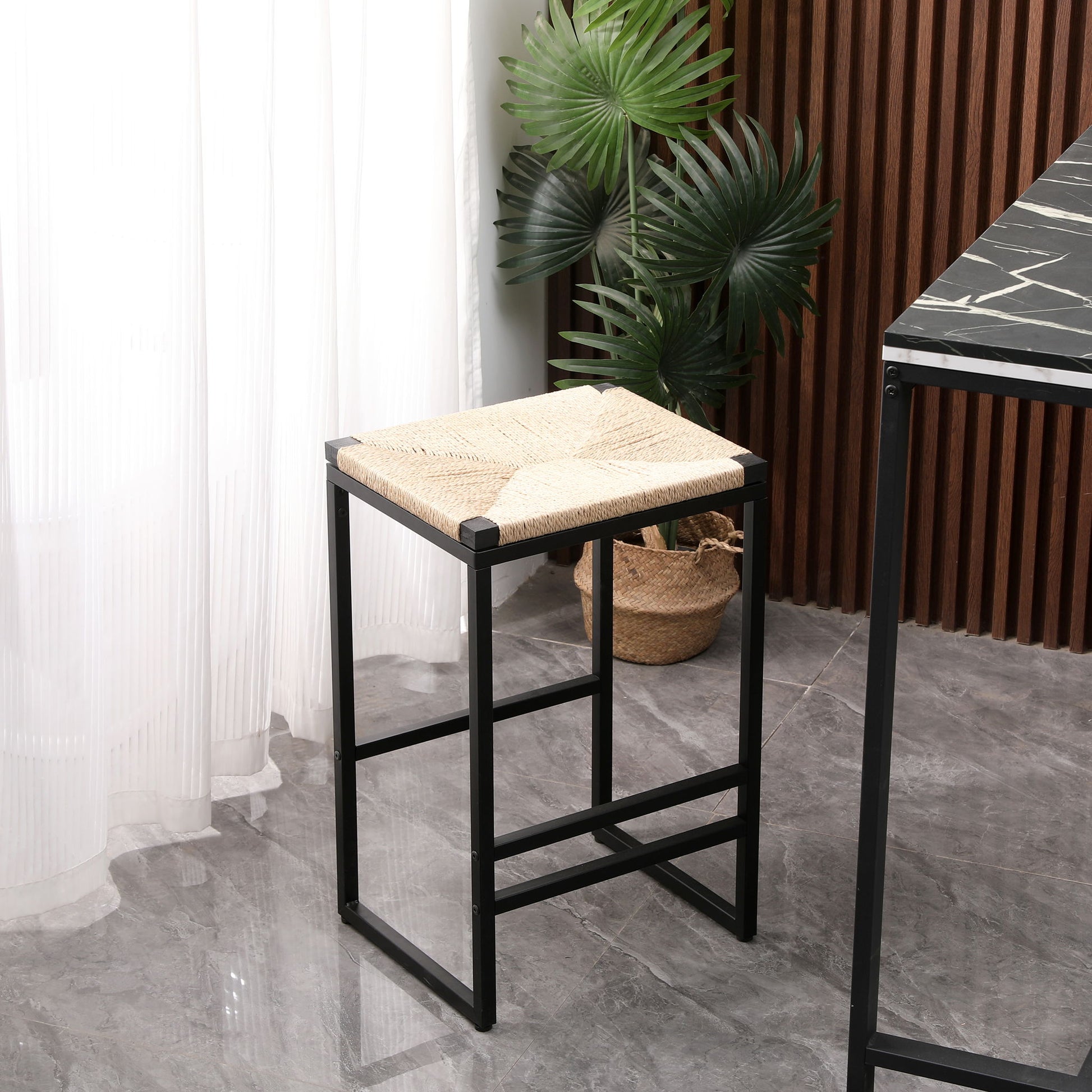 Boho Style Backless Bar Stools (Set of 2) With Paper Rope Woven Seat & Metal Frame For Kitchen Counter Home Essentials