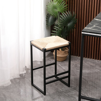 Boho Style Backless Bar Stools (Set of 2) With Paper Rope Woven Seat & Metal Frame For Kitchen Counter Home Essentials