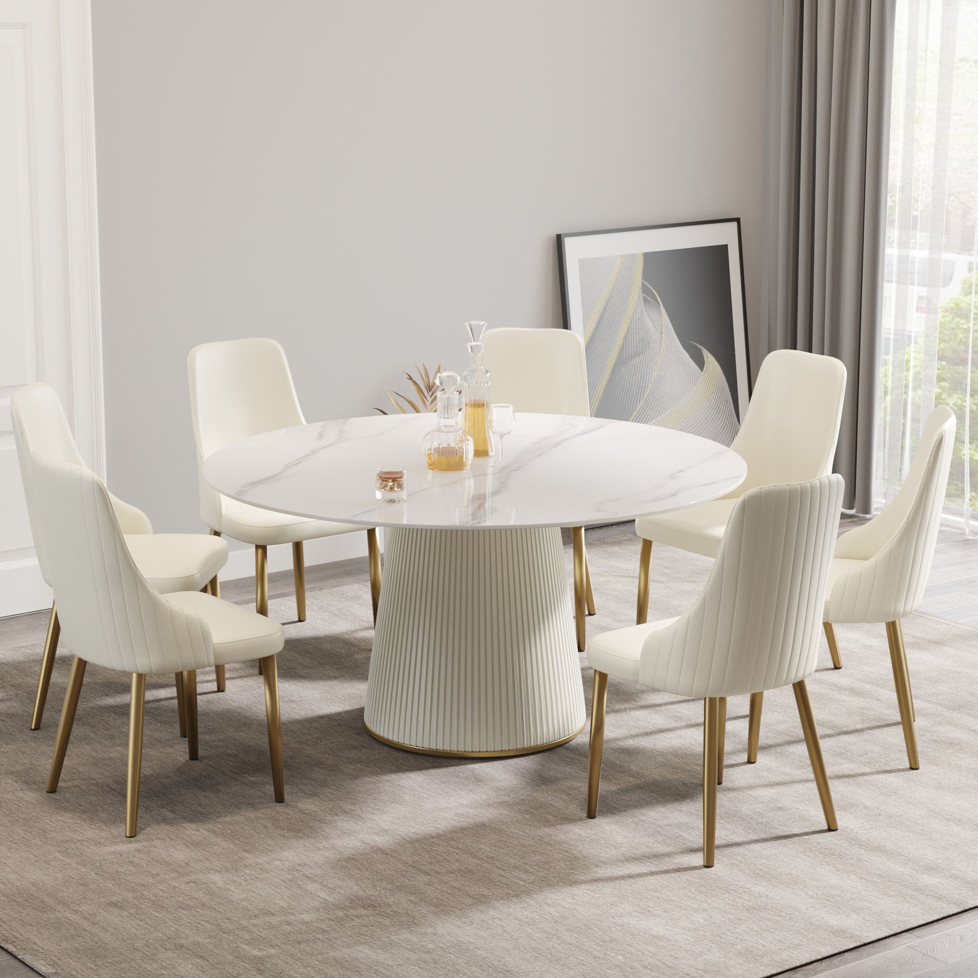 Modern Artificial Stone Round Plywood Base Dining Table, Can Accommodate 8 People, (Not Including Chairs) - White / Beige Home Essentials