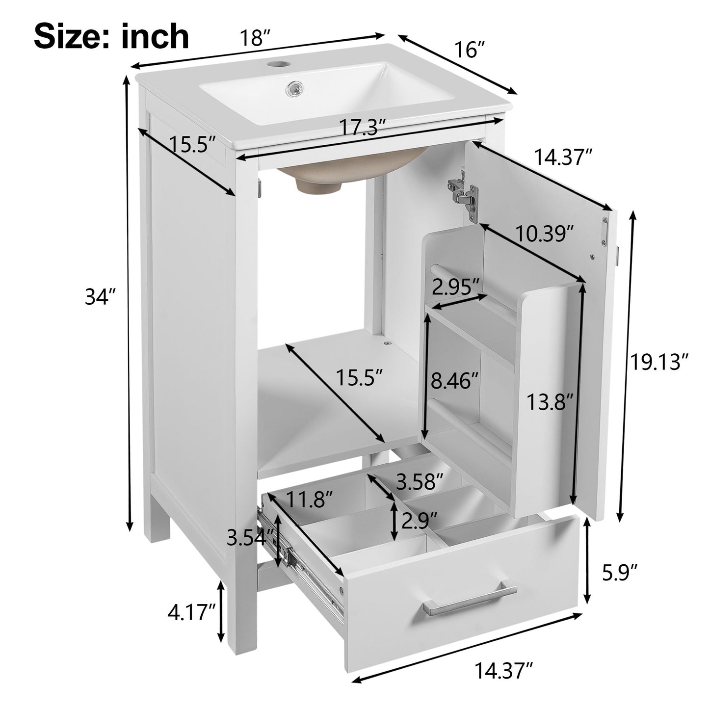 Bathroom Vanity With Ceramic Sink, Soft Close Drawers, Door Organizer, Divider Drawer, Adjustable Foot Pads Hearth and Haven